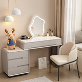 新款岩板实木奶油风烤漆梳妆台卧室现代简约化妆桌斗柜收纳柜一体 岩板台面+高温烤漆桌身-皓月白 实木80cm桌+三斗柜[无凳无镜]