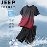 JEEP SPIRIT吉普套装男夏季T恤短裤两件套休闲大码运动男装 黑红 XL