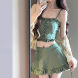 南木熊泳衣女甜美少女感小胸遮肚子2025新款温泉显瘦吊带三件套分体泳装 绿色三件套【70-115斤】