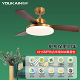 佑家餐厅桐木风扇灯新中式客厅吊扇灯北欧简约卧室电扇灯 42寸桐木三叶 60w全光谱 变频仿古半哑