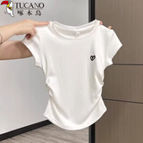啄木鸟正肩短袖t恤女圆领爱心刺绣夏季新款褶皱收腰半袖上衣 白色 L