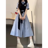 衣图雅裙子女夏季2025新款学院风假两件连衣裙夏天女学生收腰显瘦中长裙 蓝色 均码 【可备注码数】