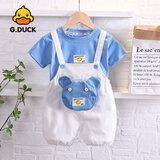 G.duck小黄鸭婴幼儿衣服男宝宝夏季超萌小熊背带裤套装小童纯棉短袖t恤 HZ小熊背包背带裤蓝色 90 建议1到2周岁