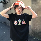 棉致设计感小众印花纯棉短袖t恤女夏季2025新款休闲五分袖半袖上衣 黑色【1500高品质17】 L 105-125斤