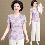 俞兆林（YUZHAOLIN）新中式妈妈夏装套装国风小衫2025新款中老人夏季短袖雪纺上衣服女 紫色上衣 2XL 【推荐体重105-120】