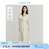 茵曼（INMAN）法式U领莱赛尔女装连衣裙立体花苞袖系带收腰2025夏新品长裙 梨花杏 XL