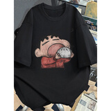 灿图美式潮牌重磅蜡笔小新短袖t恤男夏季宽松半截袖情侣打底衫上衣服 黑色 2XL 【建议140-160斤】