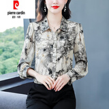 皮尔卡丹时尚雪纺印花长袖女士衬衫春秋款2025春季新款衬衣显瘦女上衣 水墨画 M [96-105斤]
