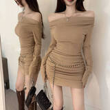 贞喜气纯欲一辣妹字肩长袖连衣裙女高级显瘦性感短裙美式复古辣妹包臀裙 卡其色 M