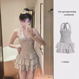 具趣连体裙式波点微胖泳衣女泡温泉保守显瘦遮肉性感聚拢泳衣 白色波点 均码 80-120斤