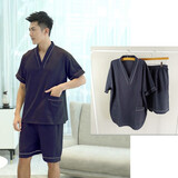 纯棉汗蒸服男新款大码套装足疗家居服睡衣按摩洗浴中心女款浴衣 蓝褶男 2XL