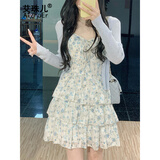 艾珠儿（Aizhuer）蓝色碎花吊带连衣裙女夏季2025新款蛋糕裙小个子雪纺短裙两件套装 蓝色碎花裙+蓝色开衫 M