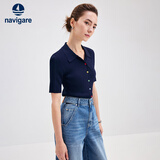 Navigare意大利小帆船短袖针织衫女士夏季舒适修身小外套中袖开衫短款T恤 海军蓝 M 码