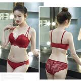 嗳妮嘉（AINIJIA） 无钢圈聚拢内衣文胸套装小胸深V性感调整型蕾丝女士本命年胸罩上托侧收少女内衣 红色套装(含内裤) 36B=80B