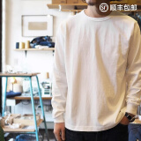 马登工装 美式宽松重磅纯棉圆领长袖磨毛T恤内搭纯色打底衫卫衣男春季 米白色 XL 160-175斤