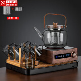 正扬电陶炉煮茶器胡桃木电茶炉玻璃泡茶蒸煮烧水壶功夫茶具套装家用小 胡举物如意提六灰把+架长琴黑