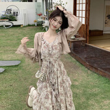 零释法式碎花吊带裙连衣裙女套装裙子夏天女装2025夏季新款超仙中长裙 吊带裙+开衫 M （95-110斤）