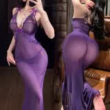 臻媚睡衣女性感内衣蕾丝柔纱透明长裙内裤套装家居服 紫0102