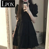 LPOX韩版复古气质小黑裙木耳边娃娃领收腰显瘦连衣裙女学生夏季a字裙 黑色[木耳边款版] M