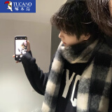 啄木鸟围巾冬季男感2024新款海马毛黑白格子韩式情侣保暖加厚围脖女礼物 黑色