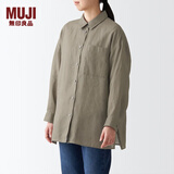 无印良品 MUJI 女式 亚麻 水洗宽版衬衫长袖休闲百搭衬衫衬衣BCJ22C2S 浅灰棕色 M-L