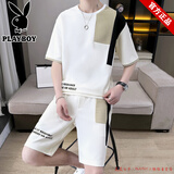 花花公子品牌纯色棉短袖t恤男夏季套装休闲运动一套衣服新款两件套短裤男 F4套装 白色 M (建议95-110斤)