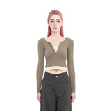 BM上衣长袖体恤女2025新款秋冬假两件露脐高腰修身撞色长袖体恤 深卡其 L