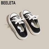 百丽踏2025夏季百搭薄款透气两穿半拖帆布鞋女平底一脚蹬懒人小白鞋板鞋 黑色 36 (230mm)