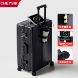 纯奢（CHEYSIR）防刮耐摔铝框行李箱男女多功能万向轮旅行箱学生密码箱皮箱子 耀夜黑·铝框+杯架+USB双充电口 20英寸 【登机箱·干湿分离内里】