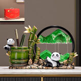 欧梵普（oufanpu）熊猫文创节节高升笔筒流沙画桌面摆件乔迁新居礼物办公教师节礼物 礼盒装-节节高升笔筒【绿色流沙】 【寓意美好，新中式摆件】