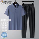 啄木鸟（TUCANO）短袖t恤男爸爸套装中老年翻领polo衫长裤送父亲俩件套 灰蓝3XL