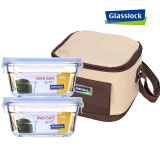 Glasslock 进口耐热钢化玻璃保鲜盒便当饭盒可微波加厚耐摔硅胶圈颜色随机 高性价比|微烤款|方900ml*2+包