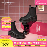 他她（TATA）英伦风切尔西靴女显瘦加绒厚底烟筒靴时装靴冬新GXB01DD3 黑色（单里） 35