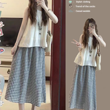 蝶娇诺（DIEJIAONUO）连衣裙子女装夏季2025年新款韩版显瘦茶系弛感舒适简约穿搭女套装 3269上衣+裙子 S