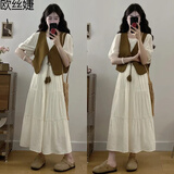 欧丝婕（OUSIJIE）大码女装胖MM法式绝美连衣裙女夏季新款文艺复古马甲两件套装女 白色 2XL 【140-160斤】