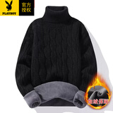 花花公子（PLAYBOY）高领毛衣男秋冬季韩版加绒加厚保暖针织衫潮牌内搭冬款打底衫 黑色 加绒 XL
