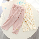 印品棉棉屋两件装儿童竹节棉薄款长裤男女宝宝纯棉防蚊裤睡裤休闲哈伦裤 粉色兔熊组 裤子2条装 80