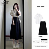 丹珠娜（DanZhuNa）连衣裙子女夏季2025新款女装学院风法式穿搭套装小个子衬衫裙子女 白色上衣+黑色裙子 M