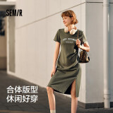 森马连衣裙女复古休闲中长裙春夏心机字母开叉T恤裙101324114026