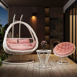 户外吊篮椅家用秋千鸟巢吊椅藤椅单双人摇椅室内吊床阳台懒人沙发 【双人双杆】简约白+茶几+旋转椅 送九件套