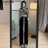 棉致薄款窄版高腰裤子女夏季新款宽松直筒阔腿休闲裤运动卫裤 黑色【052常规高品质23.5】 XL 120-135斤