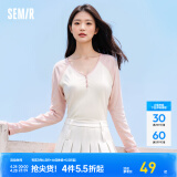 森马（Semir）【云柔亲肤】长袖t恤女短款V领修身上衣24年新款插肩袖休闲薄外套 粉色调01315 165/88A/L