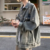 衣然呈品夹克男士春夏款休闲复古破洞高街潮牌痞帅宽松百搭保暖牛仔外套男 蓝色【常规】 XL 【建议115-140斤】