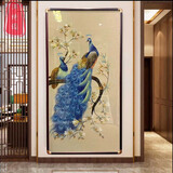 满绣园蓝孔雀玄关刺绣挂画满绣迎门走廊走道苏绣装饰画新中式高密度壁画 玉石蓝孔雀花梨木 155*70
