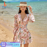 三奇泳衣女连体裙式长袖遮肚显瘦度假温泉码大码泳装24030花色XXXL