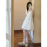 九寸阳光法式无袖白色背心吊带连衣裙女夏新款花苞裙海边度假风公主蓬蓬裙 白色 M （推荐体重90-100斤）