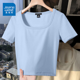 真维斯（JEANSWEST）短款短袖t恤女2025年新款夏季修身显瘦方领纯色洋气高腰紧身小衫 天蓝 纯色 XL