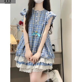 诗丹蕊2025新款小个子超可爱格子小飞袖连衣裙女宽松甜美显瘦公主短裙夏 格纹连衣裙【不含打底裤】 均码 【可备注码数】