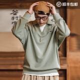 马登工装 美式复古华夫格V领卫衣男士宽松打底polo衫春季百搭上衣 木绿色 M