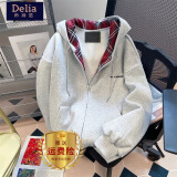 矜持范美式慵懒风国潮复古格子拼接卫衣女开衫男女情侣独特好看连帽外套 灰色/版【春秋款】 M 【建议86-105斤】